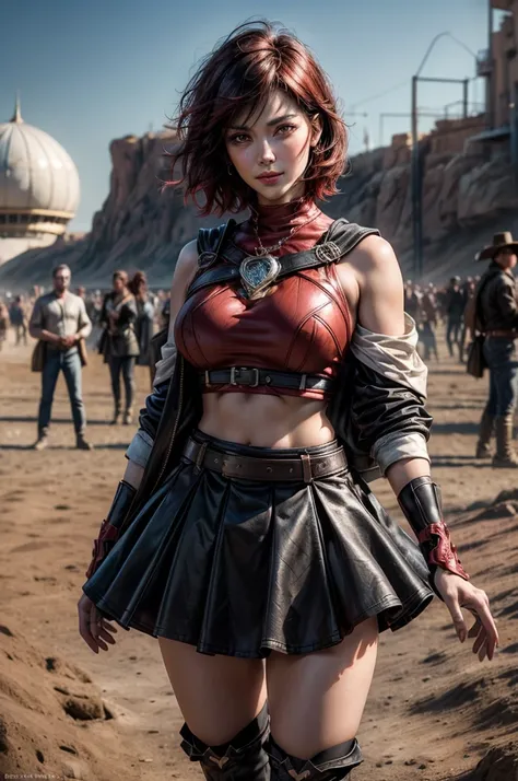 srwby, short hair, black hair, red hair, t-shirt, skirt, boots, gradient hair, grey eyes, outdoors, standing, smile, (cowboy shot), dynamic pose, standing near traveling circus, in desert, crowd, intricate details, tonemapping, sharp focus, hyper detailed,...