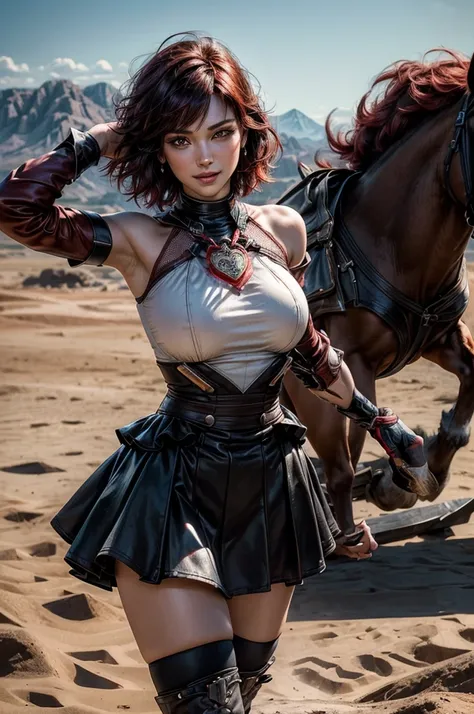 srwby, short hair, black hair, red hair, t-shirt, skirt, boots, gradient hair, grey eyes, outdoors, standing, smile, (cowboy shot), dynamic pose, standing near traveling circus, in desert, crowd, intricate details, tonemapping, sharp focus, hyper detailed,...