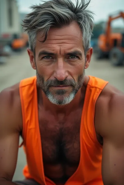 masterpiece, best quality, high resolution, closeup portrait, male focus, solo focus, A man, 45 years old, grey hair, in trunks, grey silver hair, messy hairstyle, cute and seductive face, bare chest, body hair, facial hair, pale skin, sun freckles, roman ...