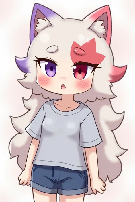 Covered in furry , only a female character , purple left eye, right eye crimson , fur left zone purple,  fur right area crimson , super cute face ,blush, blue shorts ,  grey-white t-shirt .,without mouth, focus on the face , The body emerges from the backg...