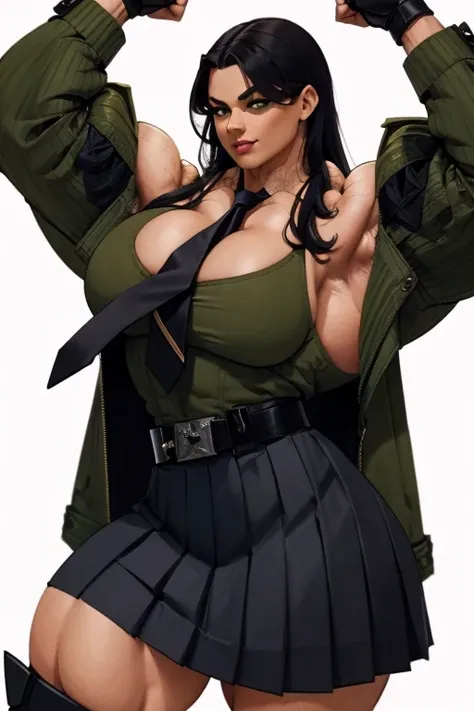 ((Close-up)), tall, (green hair) beautiful muscular woman, long curvy hair, light brown skinned, (huge breast), closed smile, black lipstick, (massive muscles), (hyper muscle), (((ginormous bulky muscles))), orange eyes, (((((wearing dark military_uniform,...