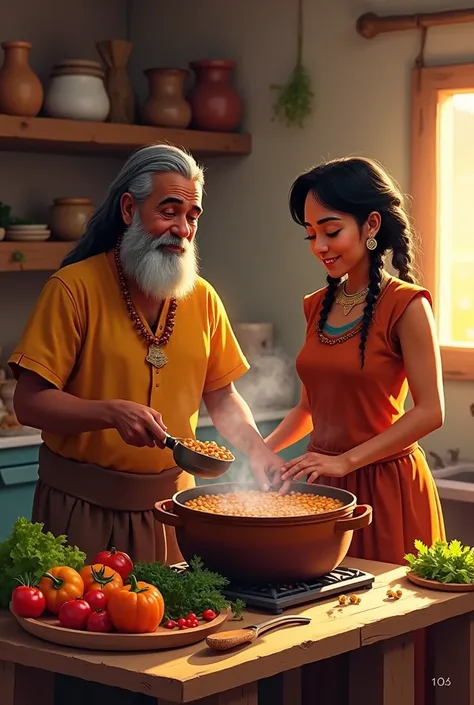 The tarwi in the kitchen *:  An image of Inti and Ñawi preparing a traditional dish with tarwi,  like a stew or a stew 