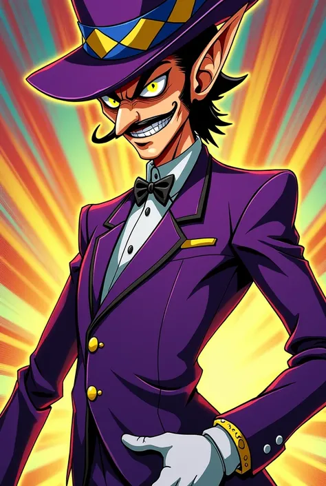 Tall and slender Waluigi with an exaggerated and theatrical stance in the style of JoJos Bizarre Adventure.  He has an elongated face with a thin and pointed mustache .  He wears a hat purple with a striking geometric design and a tight suit of purple colo...