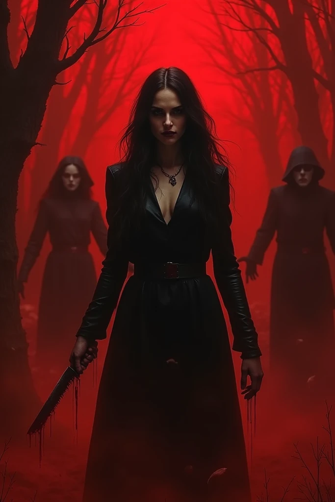 A red mist in a forest ,  with a pale wavy haired woman with black clothes and arms ,  holding a knife with blood ,  and behind it monsters in black shadows 