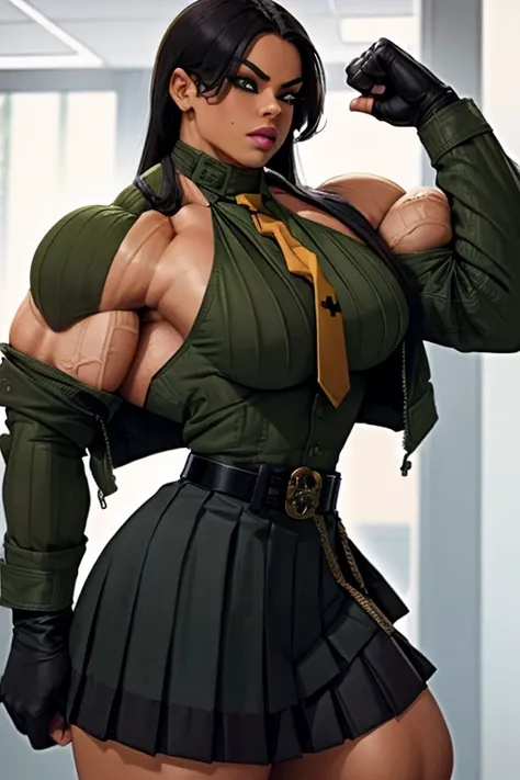 ((Close-up)), tall, (green hair) beautiful muscular woman, long curvy hair, light brown skinned, (huge breast), closed smile, black lipstick, (massive muscles), (hyper muscle), (((ginormous bulky muscles))), orange eyes, (((((wearing dark military_uniform,...