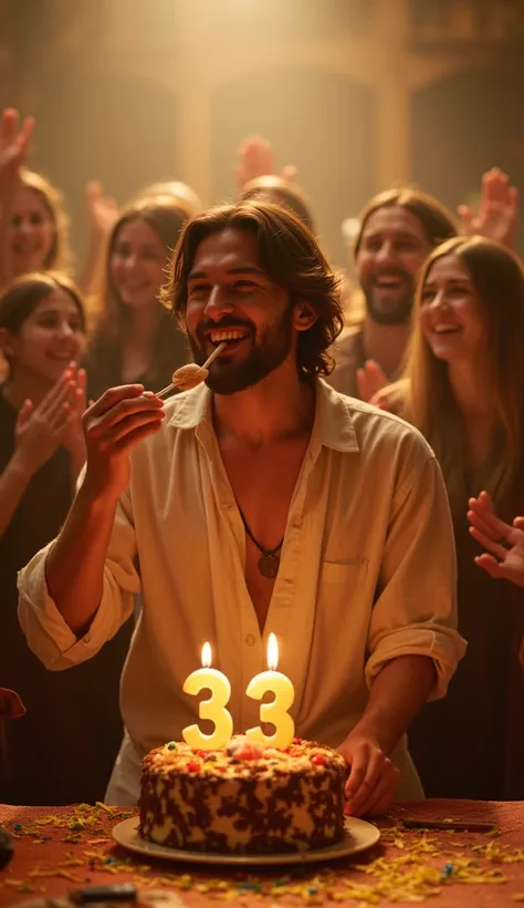 In a stunningly realistic and cinematic scene, Jesus stands joyfully in front of a beautifully decorated birthday cake, with a candle shaped as the number "33" glowing warmly. His expression is filled with pure happiness as He takes a bite of the delicious...