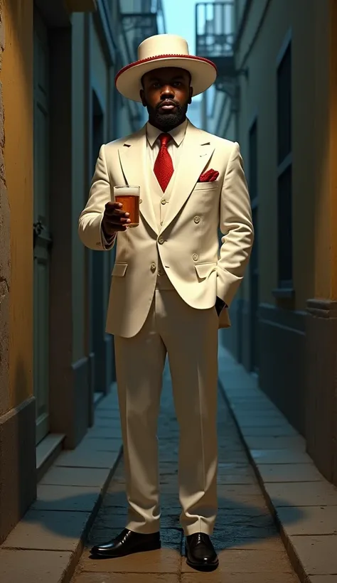 Generate a realistic image of your Zé Pilintra. characterized by a dark-skinned man, wearing a white hat with red details, a white suit, a red tie and polished black shoes. He is in a dark alley in the Lapa neighborhood of Rio de Janeiro, holding a glass o...