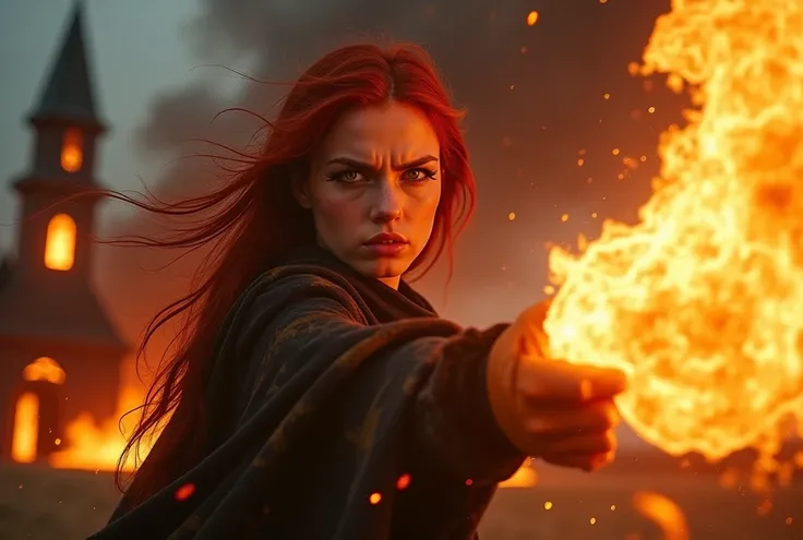 (Photorealism:1.2), high quality, 8K Ultra HD, A cinematic masterpiece unfolds: In this breathtaking cinematic masterpiece, a young fire sorceress stands triumphantly, her dark red hair aglow with fiery red streaks as she unleashes a blazing fireball towar...