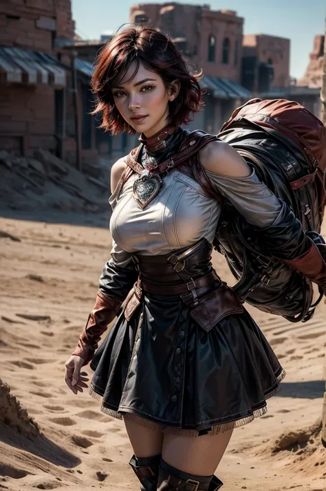 srwby, short hair, black hair, red hair, t-shirt, skirt, boots, gradient hair, grey eyes, outdoors, standing, smile, (cowboy shot), dynamic pose, standing near traveling circus, in desert, crowd, intricate details, tonemapping, sharp focus, hyper detailed,...