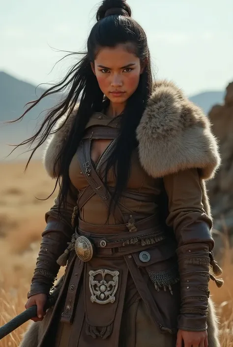 A barbarian mongolian warrior girl, ((mongolian tribale fur armor))