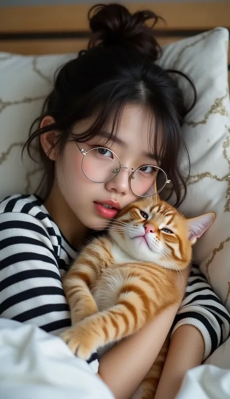 "A young woman with a casual and soft aesthetic is lying on a bed, holding a golden British Shorthair cat close to her face. She has delicate facial features, wearing thin, round, silver-framed glasses that emphasize her intellectual yet playful look. Her ...