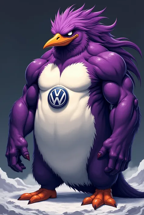 Angry white and purple penguin with muscular body,  long hair and armed with Volkswagen logo on the chest
