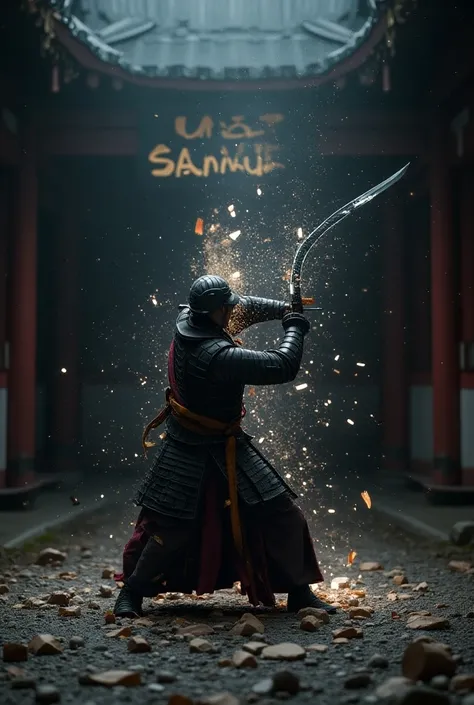 The word Samuel being broken by a Samuray sword
