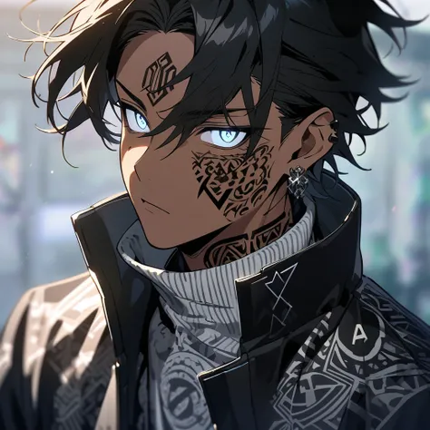 Anime character, young male, dark skin, short messy black hair, expressive glowing eyes, visible cheek tattoo under the right eye, visible tattoo under the left eye near the cheek with the word Pai in a stylish font, stylish letters, neck tattoo with intri...