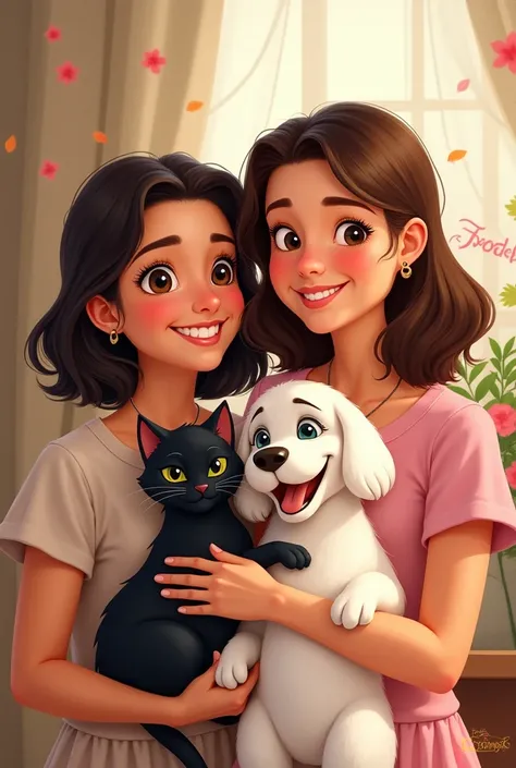 Disney version of a family photo of a brunette woman with medium black hair holding a black cat with a white woman with medium semi-dark hair smiling and holding a white dog