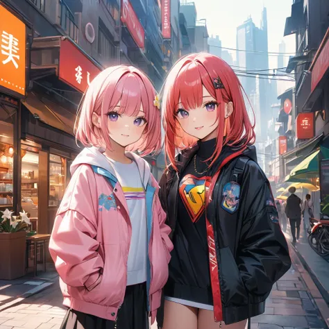 ((masterpiece)),(( best aesthetics)),(( super resolution)),(( best quality)),((Cute  sisters )),(( street fashion )),Height difference、Little sister who likes older sister 、Cityscape background, stylish design、 cityscape background where ,((lily)),((Love))