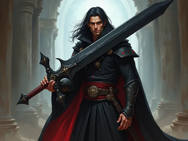 A half-elf adult male, wizard, with a large two-handed black sword and with details of magic, roupas pretas com detalhes vermelhos no estilo de arte do RPG d&d d&d d&d d&d 