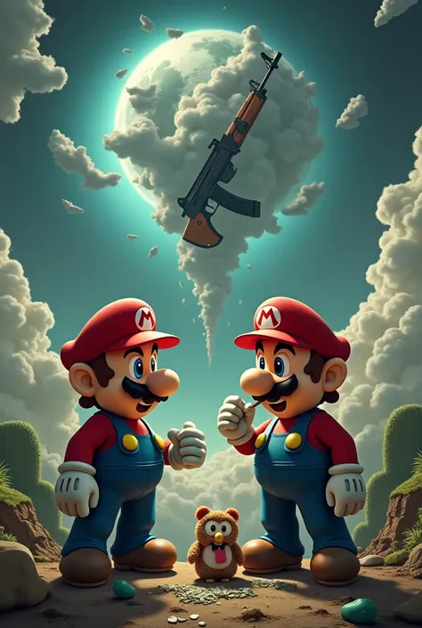 Mario bros with a bag of cocaine with Furby smoking weed 
The moon falling on the Earth the sky full of clouds in the shape of an ak47