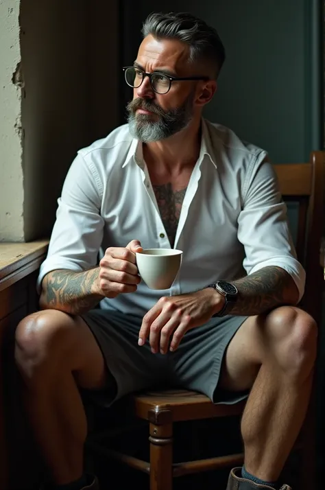 A handsome 46 year old man, wearing glasses, a beard, short neat mafia style hair, tattoos, wearing a white shirt with shorts and leather boots, is sitting alone while enjoying a cup of coffee