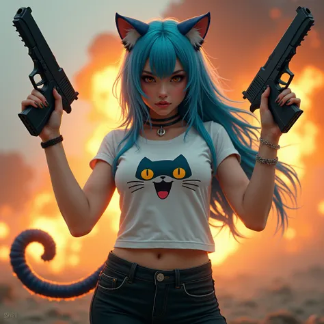 Beautiful girl with cat ears and tail. Age 23, hazel glowing eyes. Black skinny jeans with a white kitty t shirt. Long blue hair, hair over half face. Holding two desert eagle pistols in hands. Explosions in the background. Realistic