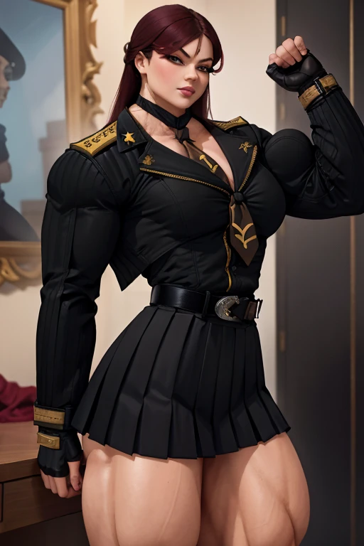 ((Close-up)), tall, (red hair), beautiful muscular asian woman, long hair, white skinned, (huge breast), closed smile, black lipstick, (massive muscles), (hyper muscle), (((ginormous bulky muscles))), yellow eyes, (((((wearing dark military_uniform, jacket...