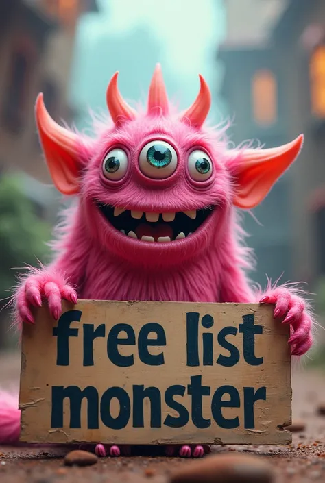  A pink three eyed monster holding a sign that says "Free List Monster" in bold letters