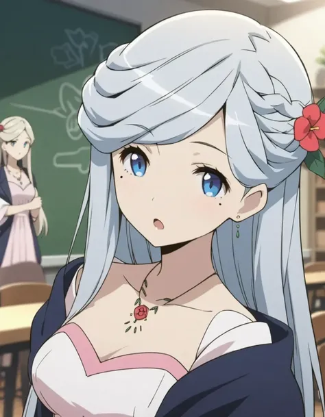 ((Best quality))),((Ultra-detailed)),((illustration)),((frilld)),(1 girl),(Solo),
1girl, :o, bangs, blurry background, braid, breasts, chalkboard, collarbone, dress, eyebrows visible through hair, flower, hair flower, hair ornament, indoors, jewelry, long ...