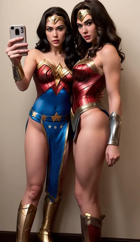 A BLONDE wearing a white and gold Wonder Woman costume and A BRUNETTE Wonder Woman.  taking a selfie. Their costumes are short and show half their ass..  hyperrealistic. 128