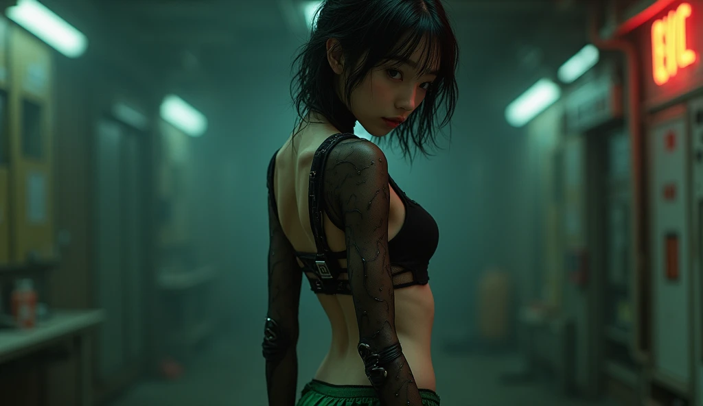 a cyborg Asian girl , with just one red bionic eye , thin with small breasts,  with an arm and a mechanical leg,  wearing a black mesh blouse and a black pleated mini skirt,  doing backwards pose , looking softly over the shoulder . Loose black hair thrown...