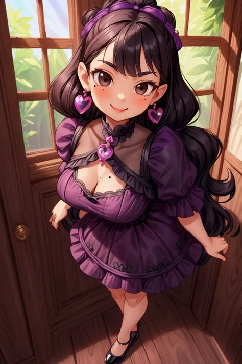 Masterpiece, best quality, 1 girl, black hair, brown eyes, standing indoors with intricate details and sunlight. Purple and black frilled dress with short neckline, black shoes earrings.  Mischievous smile, confidense, strong woman, sexy pose, coquette, be...