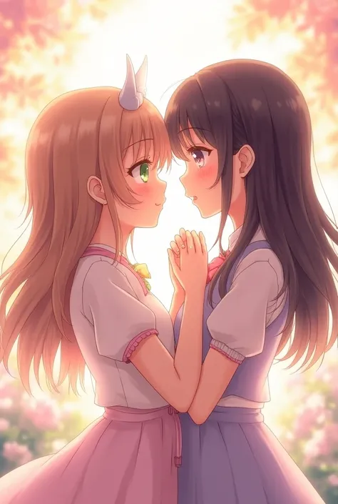 A couple of anime girls kissing 