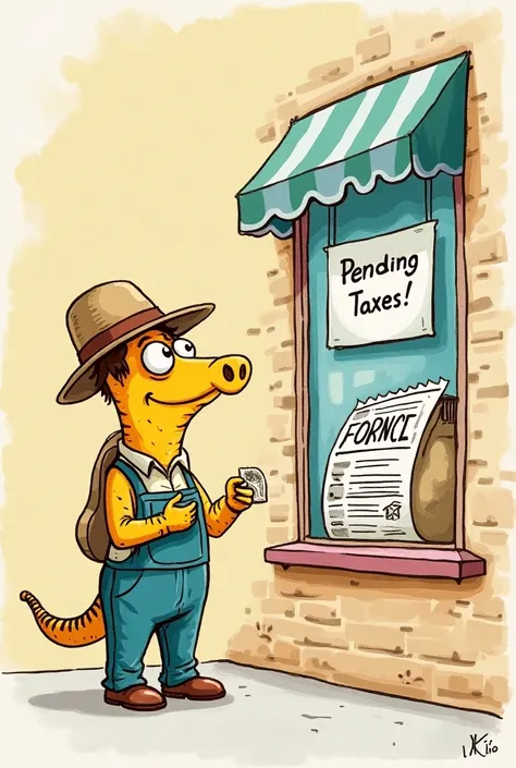  I need you to draw the Merchant in CRAYOLA using his “Balance In Favor” bag to pay a large bill called “Pending Taxes” at another window.
this time,  instead of receiving money ,  the Merchant delivers the bag to cover your bill .
 Each drawing should hav...