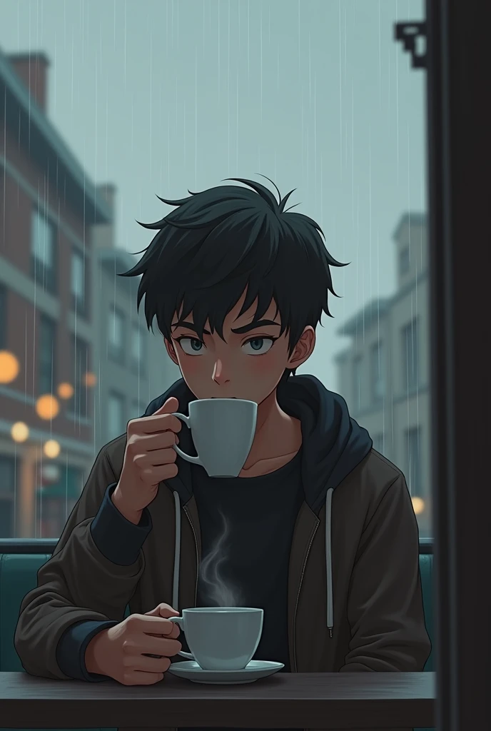 a young man having coffee in the morning but the sky is grey and looks like there will be rain