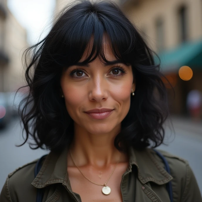 Attractive Mexican middle-aged woman, with round face, 45 years old, black eyes, medium black hair with bangs and curlers, wearing casual clothes, thoughtful expression. In the city. Facing wright looking to the camera. Portrait