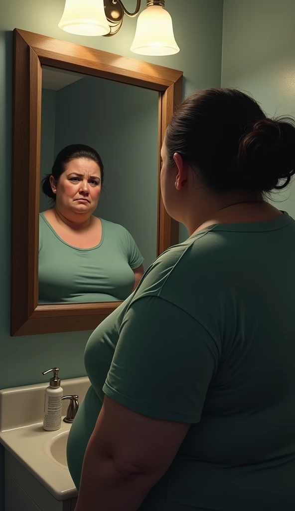 Make me an image of an overweight woman looking in the mirror