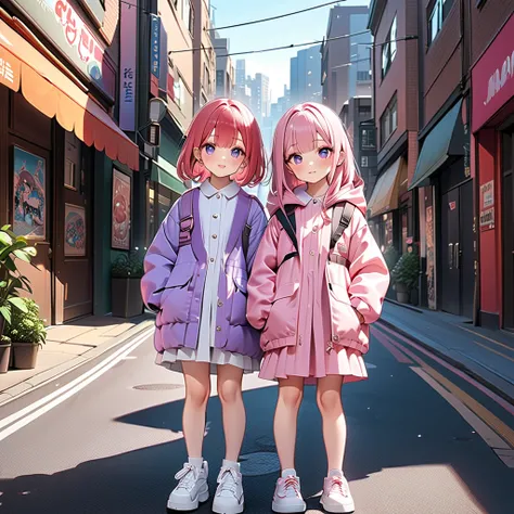 ((masterpiece)),(( best aesthetics)),(( super resolution)),(( best quality)),((Cute  sisters )),(( street fashion )),Height difference、Little sister who likes older sister 、Cityscape background, stylish design、 cityscape background where 