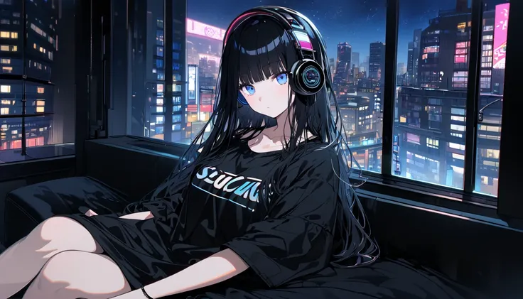  high definition , Very delicate,  super detailed,8k detailed２０One woman in her late twenties, (( beautiful symmetrical face )) （blue eyes))　((( full of bangs、 semi-long、Straight perm、 glossy black hair))) ( wearing an oversized black t-shirt ,)Bare legs (...