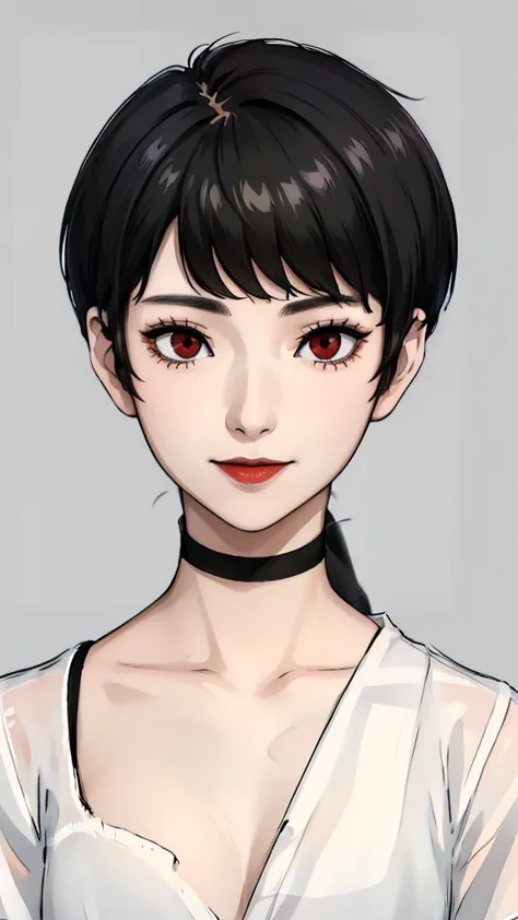 1 girl, very short hair, tomboy pixie haircut, black hair, red eyes, black lipstick, black lipstick, face portrait, black choker...