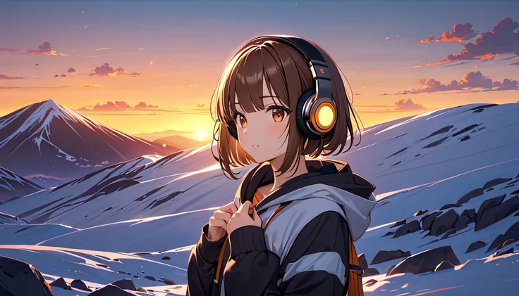 background：Early morning hill 、 The sunrise is beginning to appear from the horizon。  
expression： staring at the sunrise 、感動したexpression。  
Costume： hoodie and hiking pants 。  
Pose：Stop、 staring at the sunrise with your hands on your chest 。  
scene：( br...