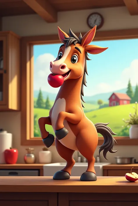 animated horse on a countertop with an apple in its mouth on the farm