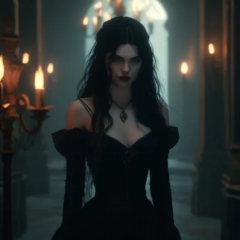 gothic woman in black dress standing in a dark hallway, anya taylor - joy vampire queen, yennefer, from witcher (2021), yennefer...