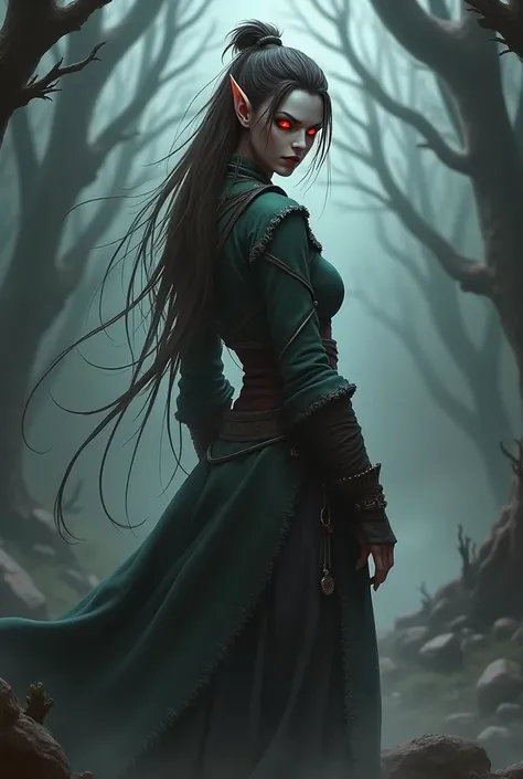 monk female tiefling(d&d), hair brown, skin tone grey, eye red, RPG dark fantasy style