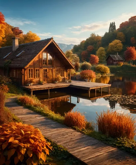 a beautiful rustic countryside house by a lake, detailed architecture, overgrown nature, reflections on water, warm lighting, autumn colors, cinematic camera angle, photorealistic, highly detailed, 8k, masterpiece, vibrant colors, dramatic lighting, moody ...