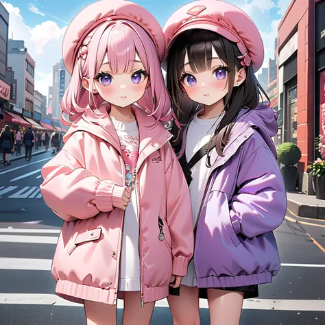 ((masterpiece)),(( best aesthetics)),(( super resolution)),(( best quality)),((Cute  sisters )),(( street fashion )),Height difference、Little sister who likes older sister 、Cityscape background, stylish design、 cityscape background where 