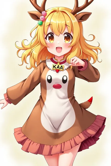 Blonde curly girl 。 anime idol cosplaying as a reindeer。 costume with letters kaa 。 necklace with arutemis 