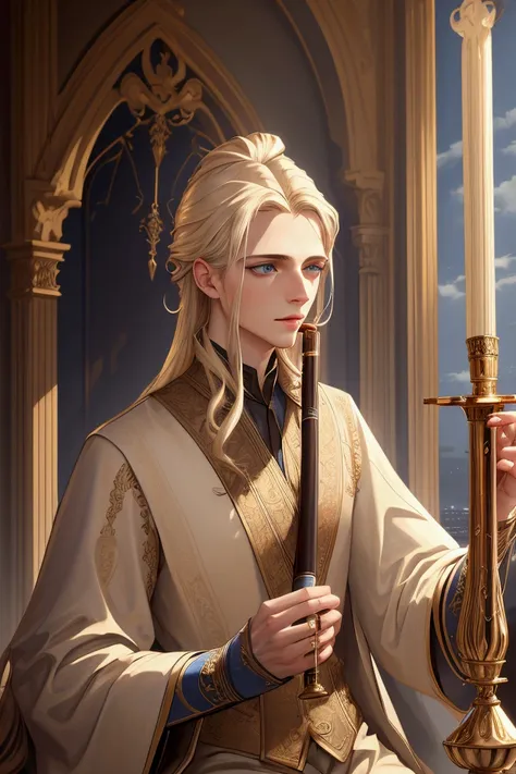 masterpiece, best quality, 8k, highly detailed, dramatic lighting, elegant young man, slim build, long fingers, tall, light blond hair, grey-blue eyes, 19th century musician attire, playing wooden flute, serene expression, studio lighting, muted color pale...