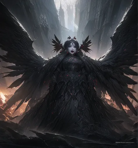 Demon Character ，Non-human ， A Woman Wearing a Black Gothic Black Velvet Dress,   Hair Decorated Black Feather Hair Accessory ， Black Angel Wings ,Smooth Gray Skin , Light Tattoos on Gray Skin ，Seductive ，Black Medium Hair， Wearing a Crow Shaped Demon Mask...