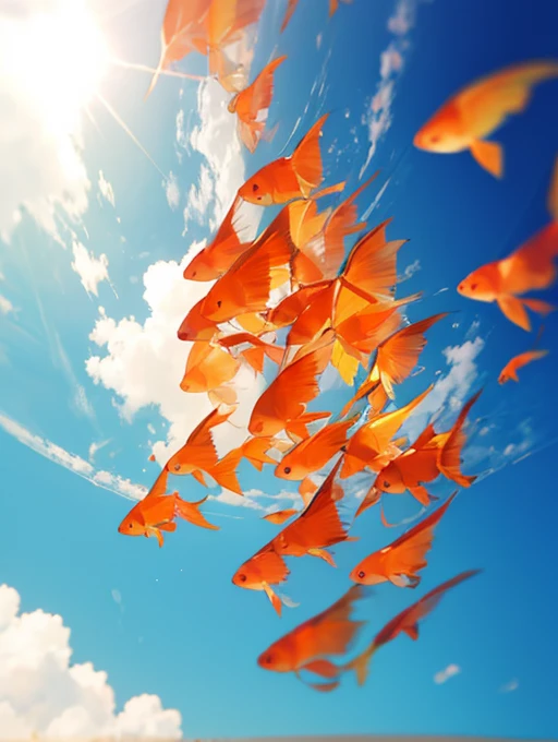 Flying Goldfish , sunny sky
, ( soft focus , Shallow focus , soft light , Cross Process , Tyndall )  , Unrealistic angle of view , daydream