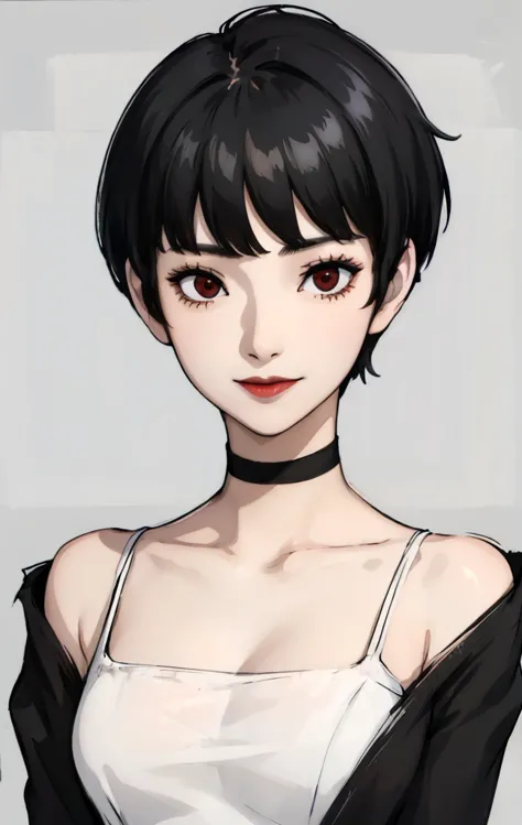 1 girl, very short hair, tomboy pixie haircut, black hair, red eyes, black lipstick, black lipstick, face portrait, black choker...