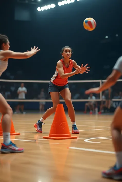 a volleyball player receiving a ball in a cone that is in a triangle position while another player throws the ball at her 